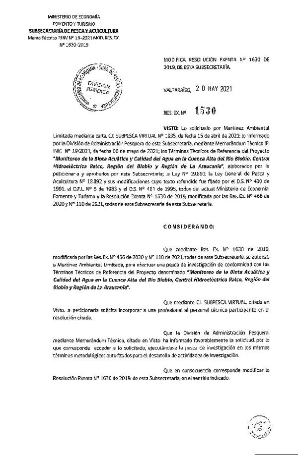 Res. Ex. N° 1530-2021 Modifica Res. Ex. N° 110-2021 Modifica Res. Ex. N° 1630-2019 Monitoreo de la biota acuática, Región del Biobío y de La Araucanía. (Publicado en Página Web 20-05-2021)