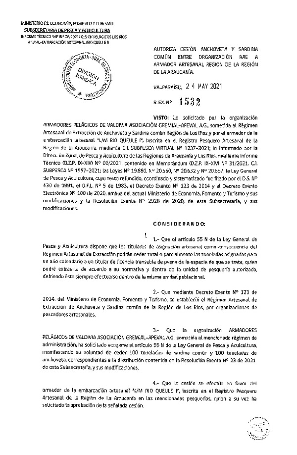 Res. Ex. N° 1532-2021 Autoriza cesión de Anchoveta y Sardina común Región de La Araucanía. (Publicado en Página Web 24-05-2021)