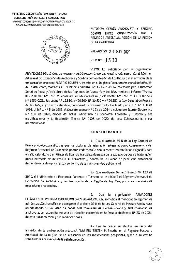 Res. Ex. N° 1533-2021 Autoriza cesión de Anchoveta y Sardina común Región de La Araucanía. (Publicado en Página Web 24-05-2021)