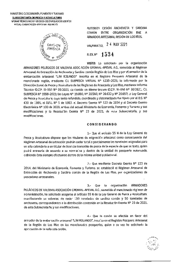 Res. Ex. N° 1534-2021 Autoriza cesión de Anchoveta y Sardina común Región de Los Ríos. (Publicado en Página Web 24-05-2021)