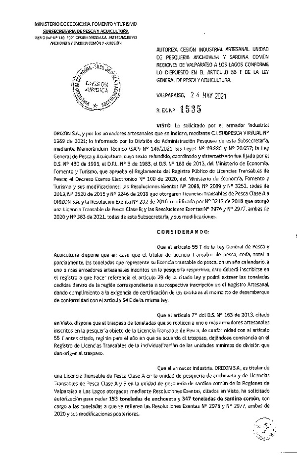 Res. Ex. N° 1535-2021 Autoriza Cesión Anchoveta y Sardina común, Regiones de Valparaíso a Los Lagos. (Publicado en Página Web 20-05-2021)