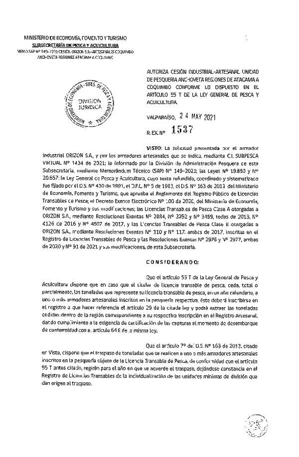 Res. Ex. N° 1537-2021 Autoriza Cesión Anchoveta, Regiones de Atacama a Coquimbo. (Publicado en Página Web 24-05-2021)