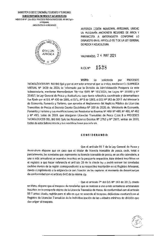 Res. Ex. N° 1538-2021 Autoriza Cesión Anchoveta, Regiones de Arica y Parinacota a Región de Antofagasta. (Publicado en Página Web 24-05-2021)