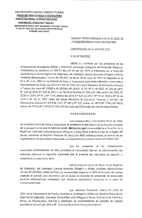 Res. Ex. N° 008-2021 (DZP Regiones de Valparaíso -O'Higgins y Maule) Modifica Res. Ex. DIG N° 63-2020 Distribución de la Fracción Artesanal de Pesquería de Merluza común Individual, Región del Maule. (Publicado en Página Web 24-05-2021)