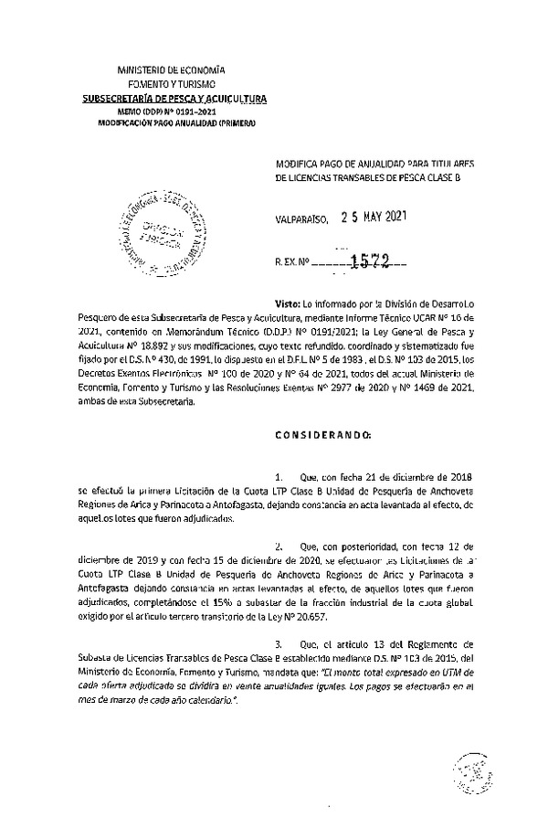 Res. Ex. N° 1572-2021 Modifica Pago de Anualidad para Titulares de Licencias Transables de Pesca Clase B. (Publicado en Página Web 27-05-2021)