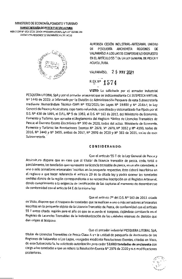 Res. Ex. N° 1574-2021 Autoriza Cesión Sardina común, Regiones de Valparaíso a Los Lagos. (Publicado en Página Web 27-05-2021)