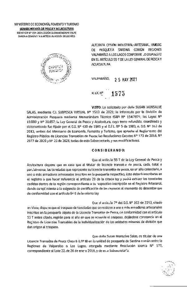Res. Ex. N° 1575-2021 Autoriza Cesión Sardina común, Regiones de Valparaíso a Los Lagos. (Publicado en Página Web 27-05-2021)