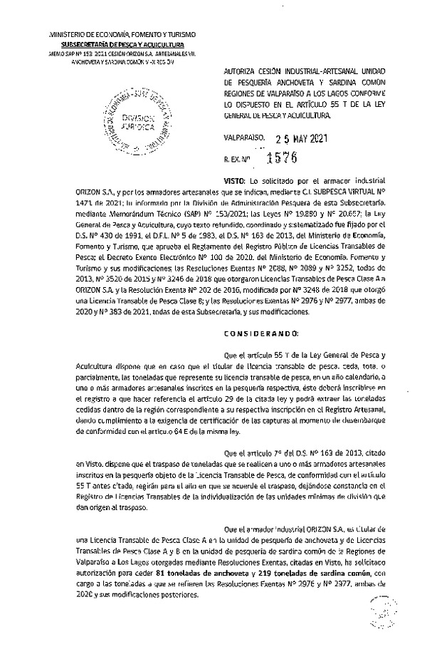 Res. Ex. N° 1576-2021 Autoriza Cesión Anchoveta y Sardina común, Regiones de Valparaíso a Los Lagos. (Publicado en Página Web 27-05-2021)