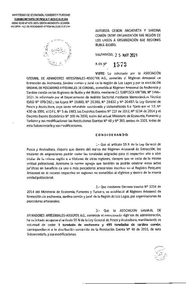 Res. Ex. N° 1573-2021 Autoriza Cesión Anchoveta y Sardina común, Región de Los Lagos a Ñuble-Biobío. (Publicado en Página Web 27-05-2021).