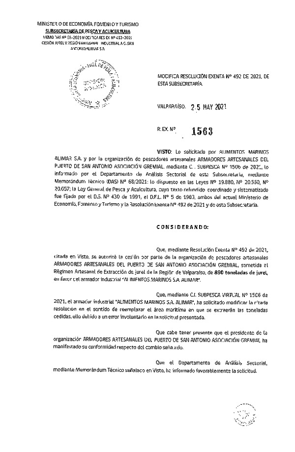 Res. Ex. N° 1563-2021 Modica Res Ex N° 492-2021, Autoriza Cesión de Jurel Región de Valparaíso. (Publicado en Página Web 27-05-2021).