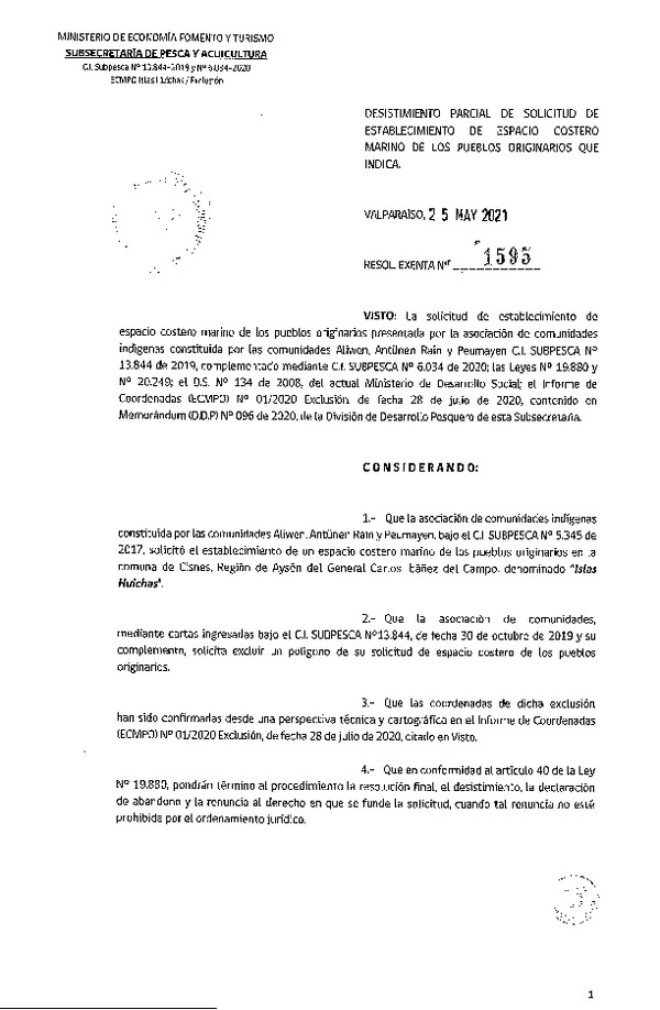 Res. Ex. N° 1595-2021 Desistimiento parcial de solicitud de ECMPO Islas Huichas. (Publicado en Página Web 27-05-2021)