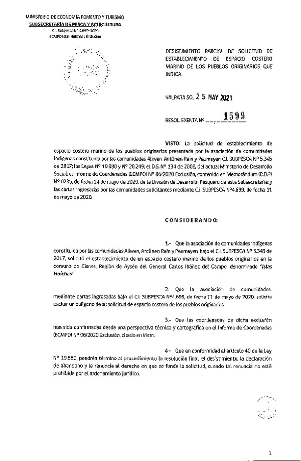Res. Ex. N° 1599-2021 Desistimiento parcial de solicitud de ECMPO Islas Huichas. (Publicado en Página Web 27-05-2021)