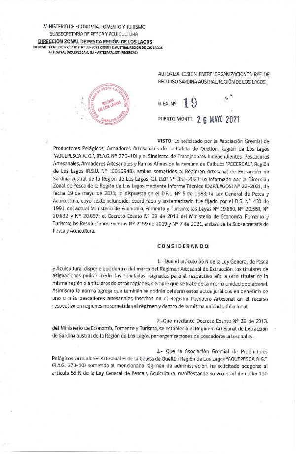 Res. Ex. 19-2021 (DZP Región de Los Lagos) Autoriza cesión sardina austral Región de Los Lagos. (Publicado en Página Web 27-05-2021)