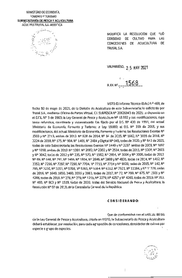 Res. Ex N° 1568-2021 Modifica Res. Ex. N° 175-2020 Fija Densidad de Cultivo para las Concesiones de Acuicultura de Titularidad Trusal S.A. (Con Informe Técnico) (Publicado en Página Web 27-05-2021).