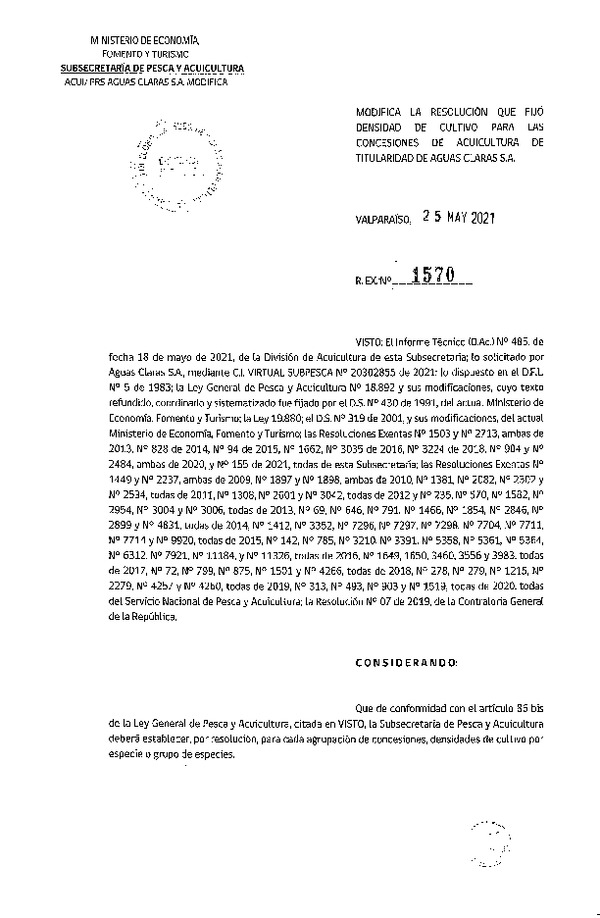 Res. Ex. N° 1570-2021 Modifica Res. Ex. 155-2021 Fija densidad de cultivo para concesiones de acuicultura de titularidad de Aguas Claras S.A. (Con Informe Técnico) (Publicado en Página Web 27-05-2021)