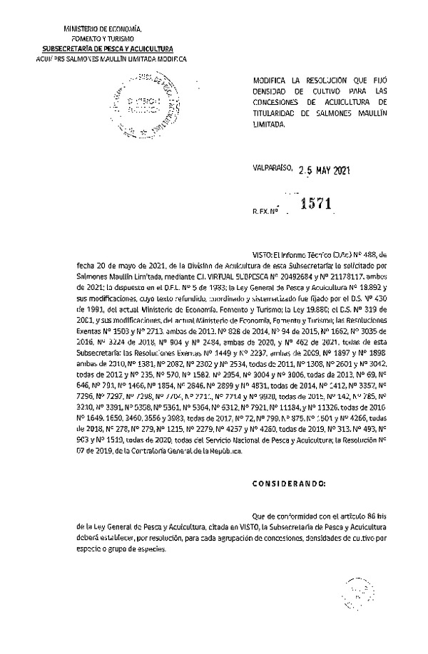 Res. Ex. N° 1571-2021 Modifica Res. Ex N° 462-2021 Fija densidad de cultivo para las concesiones de acuicultura de Salmones Maullín Limitada (Con Informe Técnico) (Publicado en Página Web 27-05-2021).