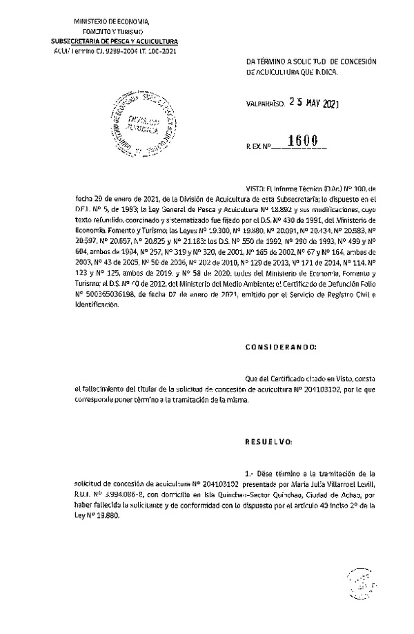 Res. Ex. N° 1600-2021 Da término a solicitud de concesión de acuicultura que indica.