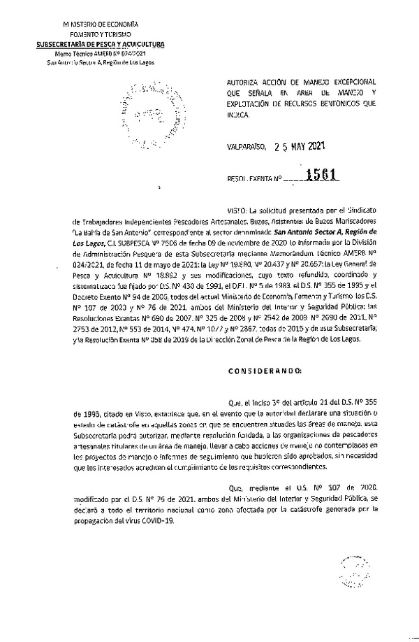 Res. Ex. N° 1561-2021 Autoriza acción de manejo excepcional que señala. (Publicado en Página Web 27-06-2021)