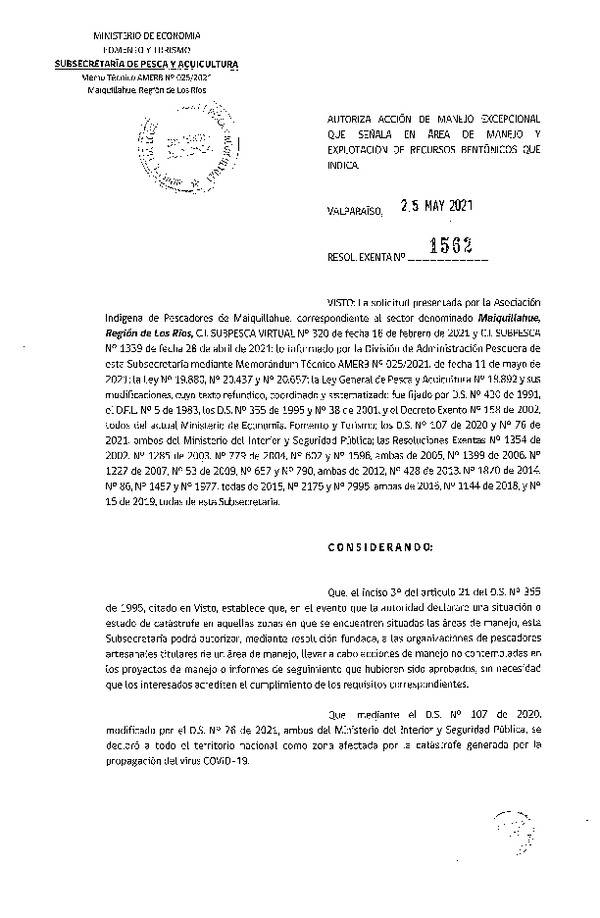 Res. Ex. N° 1562-2021 Autoriza acción de manejo excepcional que señala. (Publicado en Página Web 27-06-2021)