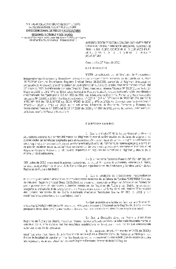 Res. Ex. N° 069-2021 (DZP Ñuble y del Biobío) Autoriza cesión Sardina Común y Anchoveta Región de Ñuble-Biobío (Publicado en Página Web 28-05-2021)