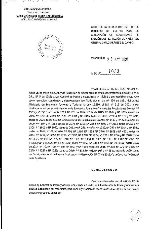 Res. Ex. N° 1633-2020 Modifica Res. Ex. N° 3106-2019 Fija Densidad de Cultivo para la Agrupación de Concesiones de Salmónidos 33, Región de Aysén del General Carlos Ibañez del Campo. (Con Informe Técnico) (Publicado en Página Web 28-05-2021)