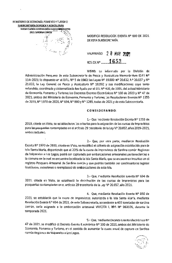 Res. Ex. N° 1653-2021 Modifica Res. Ex. N° 880-2021 Asigna Cuota de Imprevistos Autorizada a Isla Santa María a Embarcación que Indica, Año 2021. (Publicado en Página Web 31-05-2021)