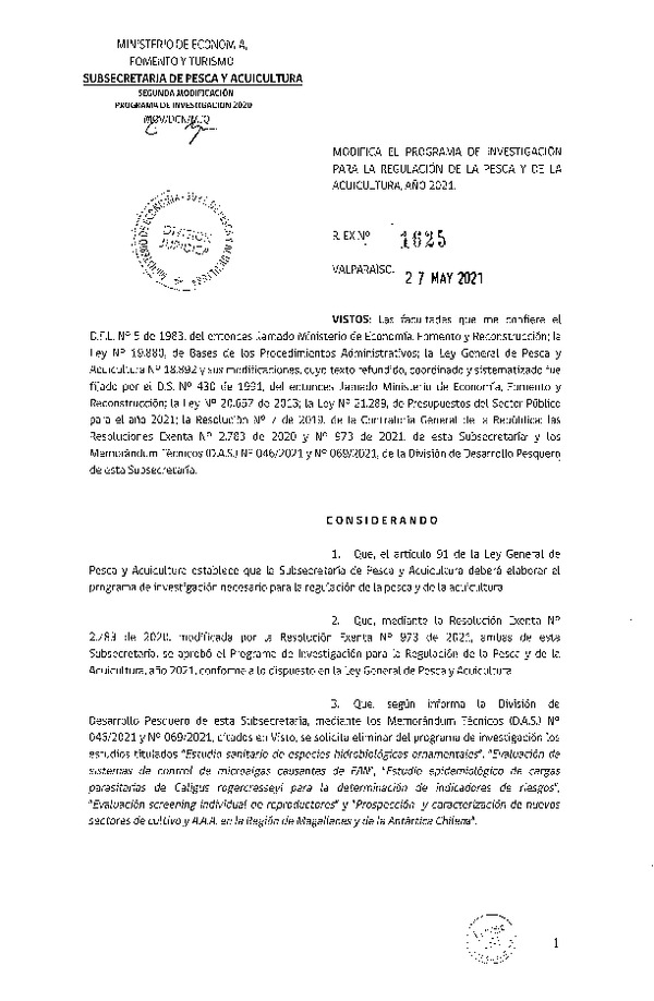 Res. Ex. N° 1625-2021 Modifica Res. Ex. N° 2783-2020 Aprueba Programa de Investigación para la Regulación de la Pesca y de la Acuicultura, Año 2021. (Publicado en Página Web 31-05-2021)