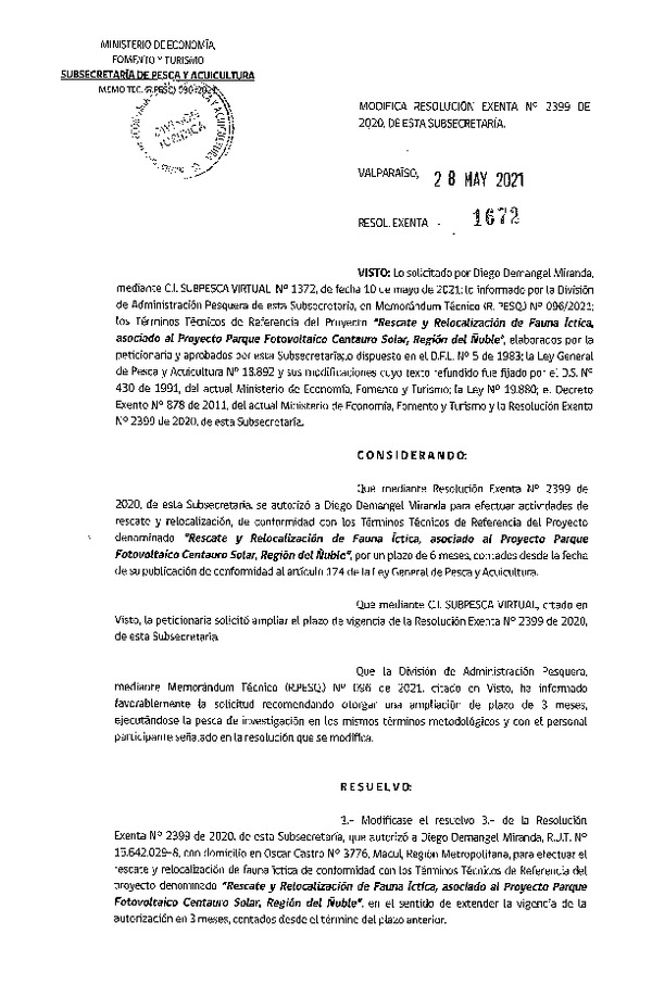 Res. Ex. N° 1672-2021 Modifica 	R. EX. Nº 2399-2020 Rescate y relocalización de fauna íctica, Región de Ñuble. (Publicado en Página Web 01-06-2021)