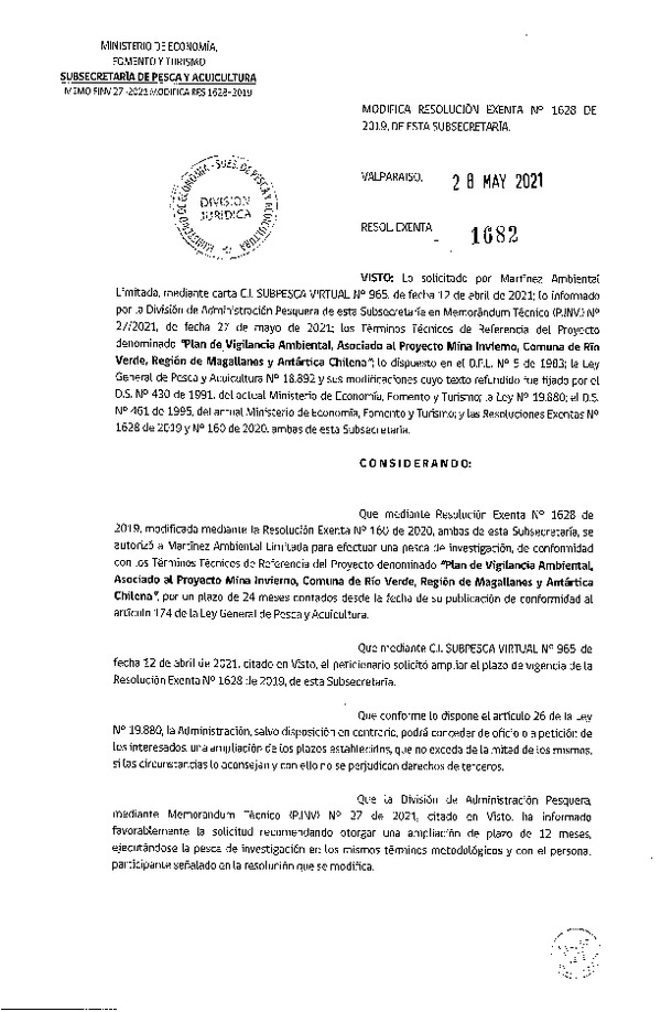 Res. Ex. N° 1682-2021 Modifica 	Res. Ex. N° 1628-2019 Plan de vigilancia ambiental, Región de Magallanes y Antártica Chilena. (Publicado en Página Web 01-06-2021)