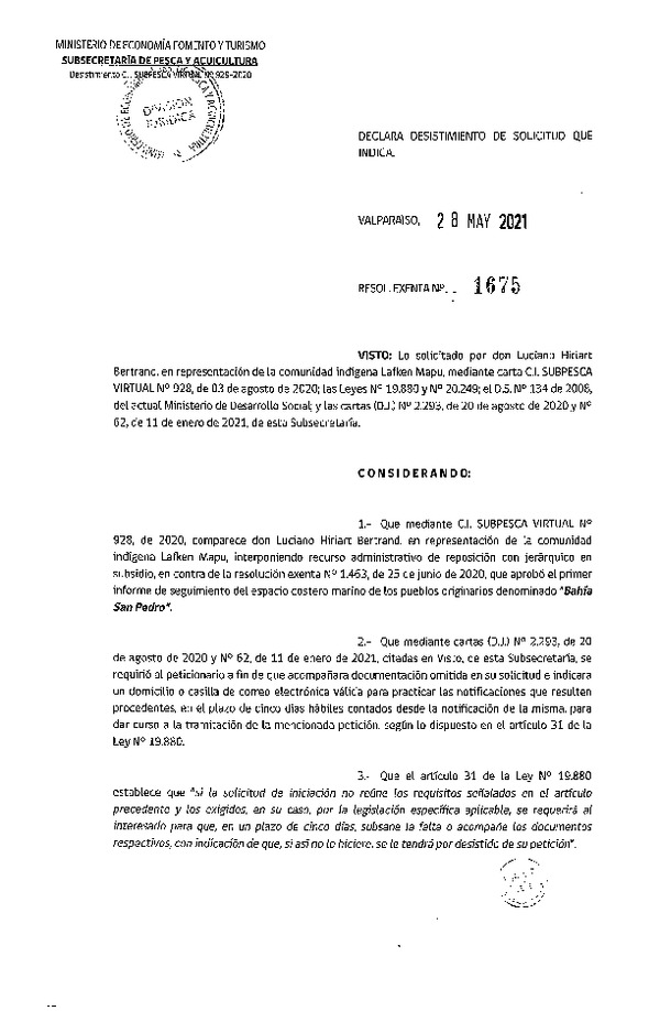 Res. Ex. N° 1675-2021 Declara abandonado desistimiento de solicitud se indica. (Publicado en Página Web 01-06-2021)