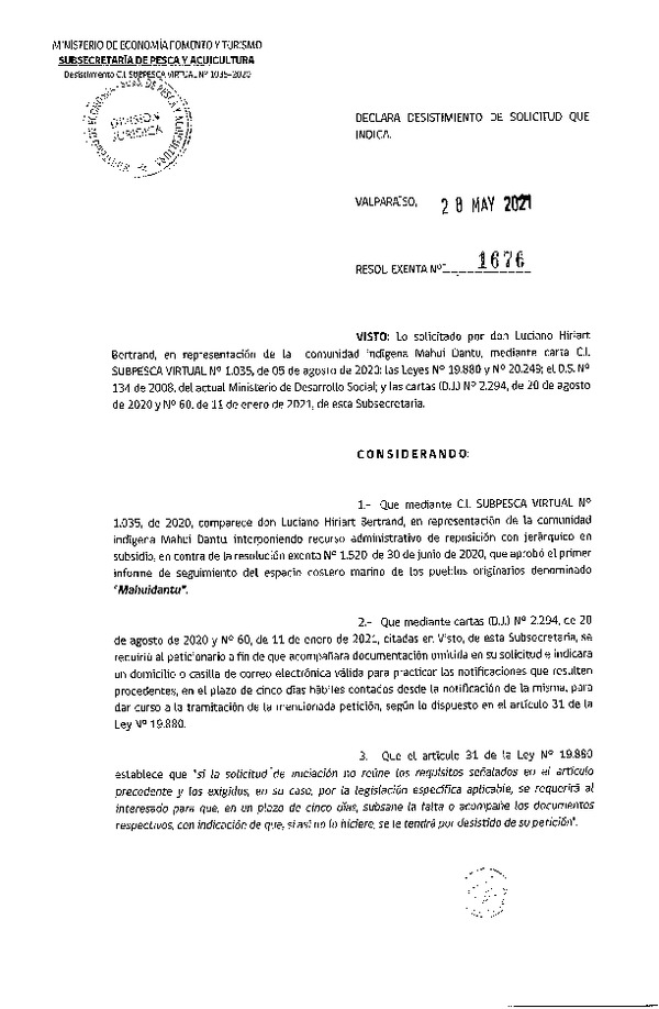 Res. Ex. N° 1676-2021 Declara abandonado desistimiento de solicitud se indica. (Publicado en Página Web 01-06-2021)