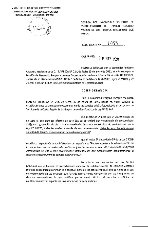 Res. Ex. N° 1677-2021 Deniega por inadmisible solicitud de establecimiento de ECMPO que indica. (Publicado en Página Web 01-06-2021)
