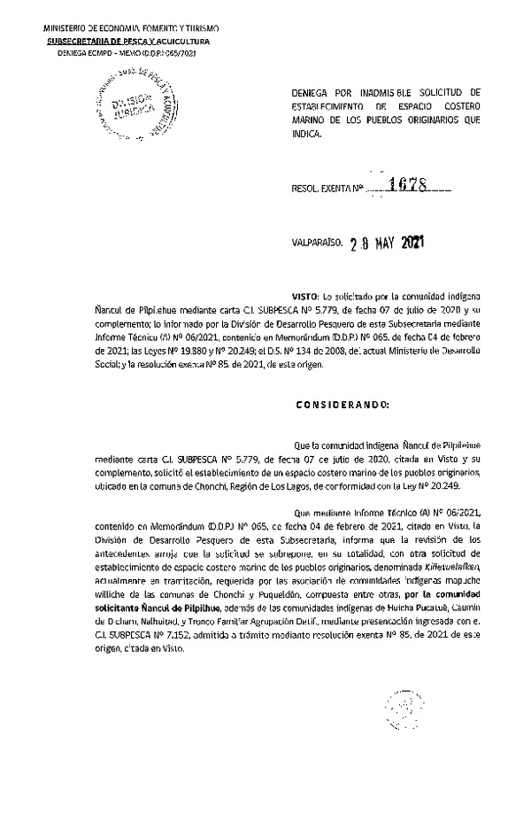 Res. Ex. N° 1678-2021 Deniega por inadmisible solicitud de establecimiento de ECMPO que indica. (Publicado en Página Web 01-06-2021)