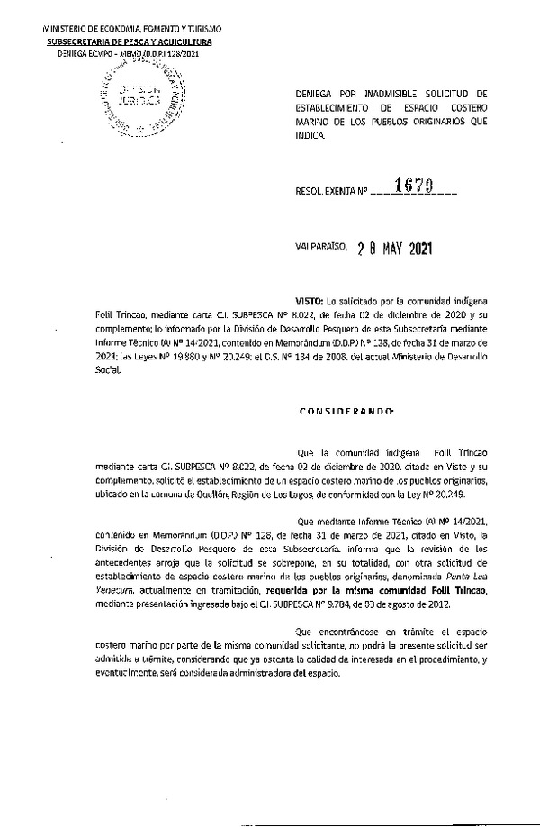 Res. Ex. N° 1679-2021 Deniega por inadmisible solicitud de establecimiento de ECMPO que indica. (Publicado en Página Web 01-06-2021)