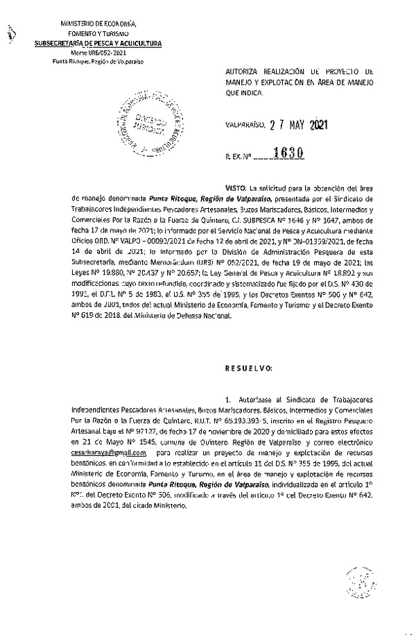 Res. Ex. N° 1630-2021 Autoriza proyecto de manejo. (Publicado en Página Web 01-06-2021)