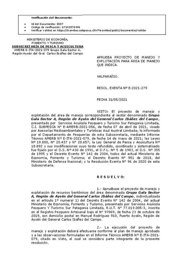 RESOL. EXENTA Nº E-2021-279 Aprueba plan de manejo y explotación para área de manejo que indica. (Publicado en Página Web 01-06-2021)