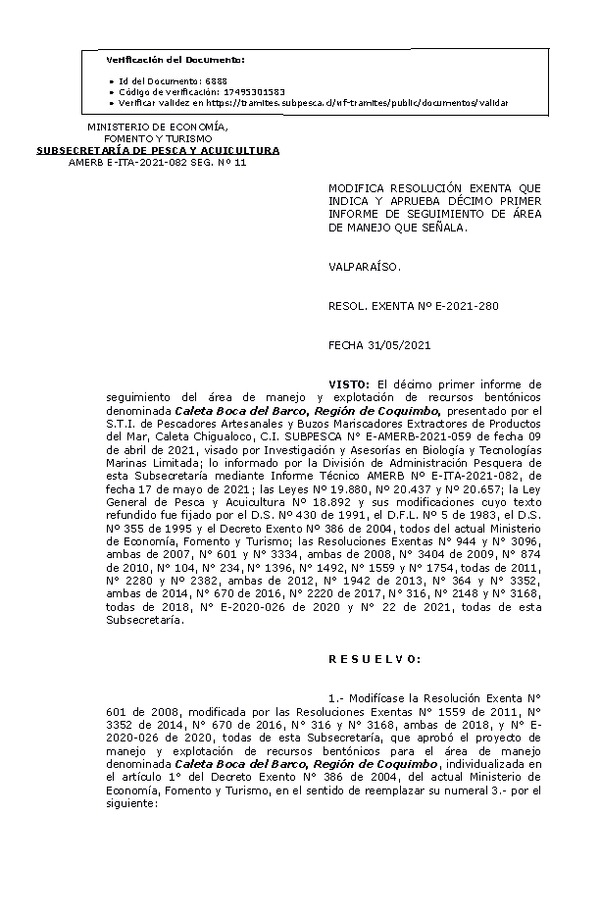 RESOL. EXENTA Nº E-2021-280 Modifica Resolución que indica, Aprueba 11° Seguimiento que señala. (Publicado en Página Web 01-06-2021)