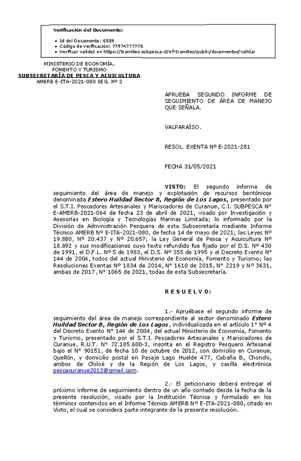 RESOL. EXENTA Nº E-2021-281 Aprueba 2° Seguimiento que señala. (Publicado en Página Web 01-06-2021)