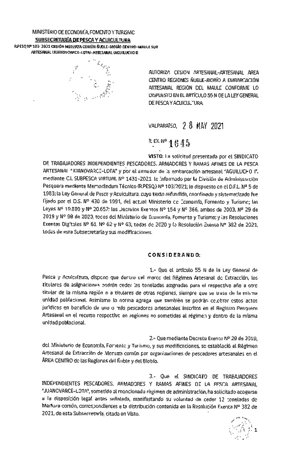 Res. Ex. N° 1645-2021 Autoriza Cesión Merluza común, Región Ñuble-Biobío a Región del Maule. (Publicado en Página Web 01-06-2021).