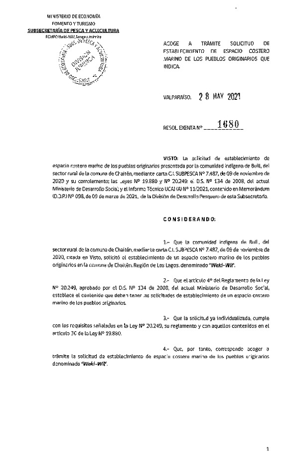 Res. Ex. N° 1680-2021 Acoge a trámite solicitud de establecimiento de ECMPO Weki-Wil, Región de Los Lagos. (Publicado en Página Web 01-06-2021)