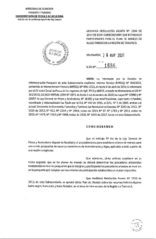 Res. Ex. N° 1686-2021 Modifica Res. Ex. N° 2304-2014 Que Estableció Participantes para el Plan de Manejo de Algas Pardas. (Publicado en Página Web 01-06-2021)