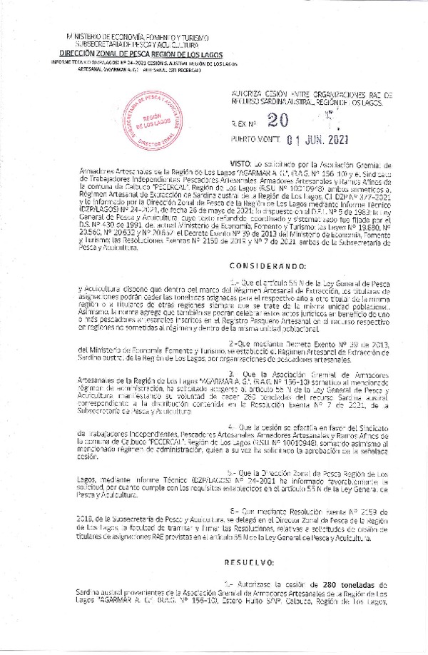 Res. Ex. 20-2021 (DZP Región de Los Lagos) Autoriza cesión sardina austral Región de Los Lagos. (Publicado en Página Web 02-06-2021)