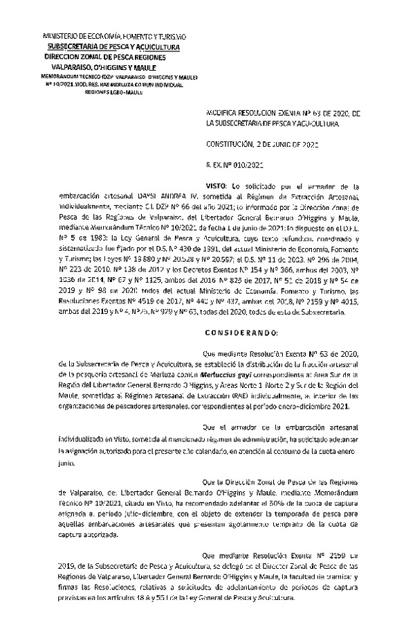 Res. Ex. N° 010-2021 (DZP Regiones de Valparaíso -O'Higgins y Maule) Modifica Res. Ex. DIG N° 63-2020 Distribución de la Fracción Artesanal de Pesquería de Merluza común Individual, Región del Maule. (Publicado en Página Web 02-06-2021)