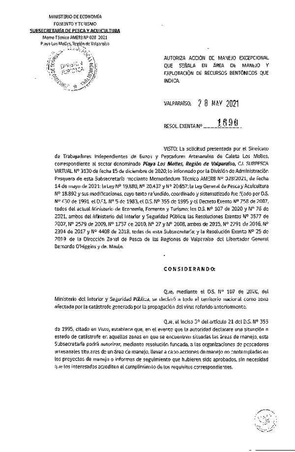 Res. Ex. N° 1690-2021 Autoriza acción de manejo excepcional que señala. (Publicado en Página Web 02-06-2021)