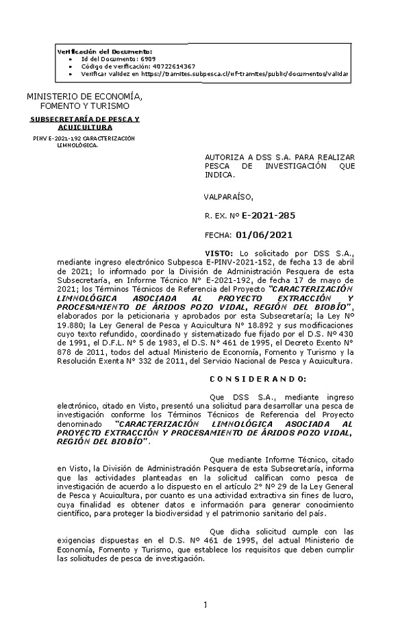 R. EX. Nº E-2021-285 CARACTERIZACIÓN LIMNOLÓGICA ASOCIADA AL PROYECTO EXTRACCIÓN Y PROCESAMIENTO DE ÁRIDOS POZO VIDAL, REGIÓN DEL BIOBÍO