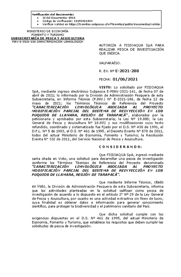 R. EX. Nº E-2021-288 CARACTERIZACIÓN LIMNOLÓGICA ASOCIADA AL PROYECTO MODIFICACIÓN PARCIAL DEL SISTEMA DE REINYECCIÓN EN LOS PUQUIOS DE LLAMARA, REGIÓN DE TARAPACÁ. (Publicado en Página Web 02-06-2021)