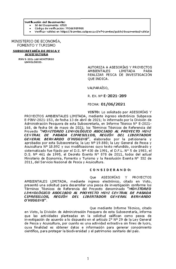 R. EX. Nº E-2021-289 MONITOREO LIMNOLÓGICO ASOCIADO AL PROYECTO MINI CENTRAL DE PASADA CIPRESILLOS, REGIÓN DEL LIBERTADOR GENERAL BERNARDO O’HIGGINS. (Publicado en Página Web 02-06-2021)