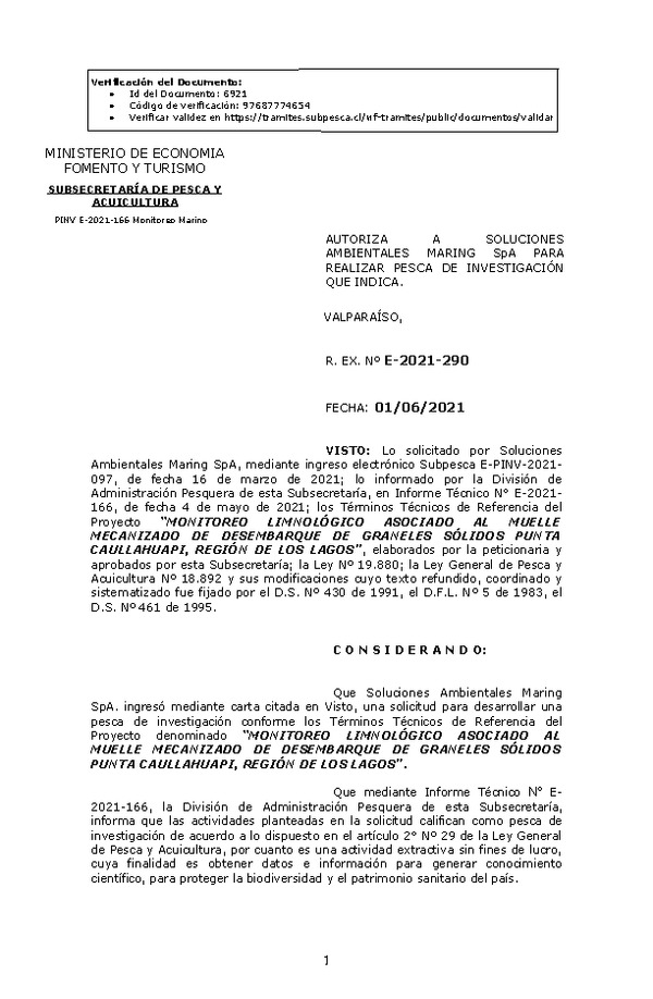 R. EX. Nº E-2021-290 MONITOREO LIMNOLÓGICO ASOCIADO AL MUELLE MECANIZADO DE DESEMBARQUE DE GRANELES SÓLIDOS PUNTA CAULLAHUAPI, REGIÓN DE LOS LAGOS. (Publicado en Página Web 02-06-2021)