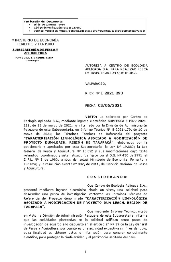 R. EX. Nº E-2021-293 CARACTERIZACIÓN LIMNOLÓGICA ASOCIADO A MODIFICACIÓN DE PROYECTO DUM-LEACH, REGIÓN DE TARAPACÁ. (Publicado en Página Web 02-06-2021)