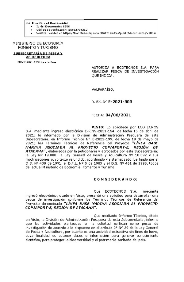 R. EX. Nº E-2021-303 LÍNEA BASE MARINA ASOCIADA AL PROYECTO COPIAPORT-E, REGIÓN DE ATACAMA. (Publicado en Página Web 04-06-2021)